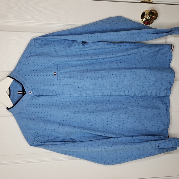 Kangol blue longsleeve polka dot band collar button-up shirt size large - Picture 1 of 9